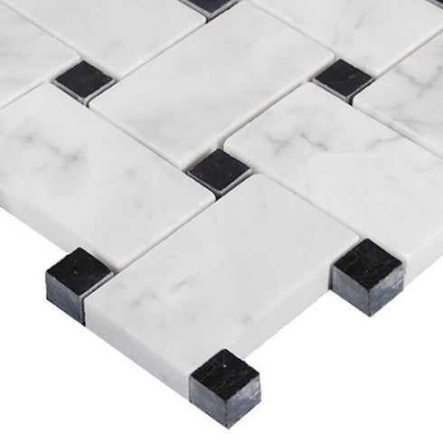 Carrara White - Basketweave Mosaic w/ Black Dots Polished